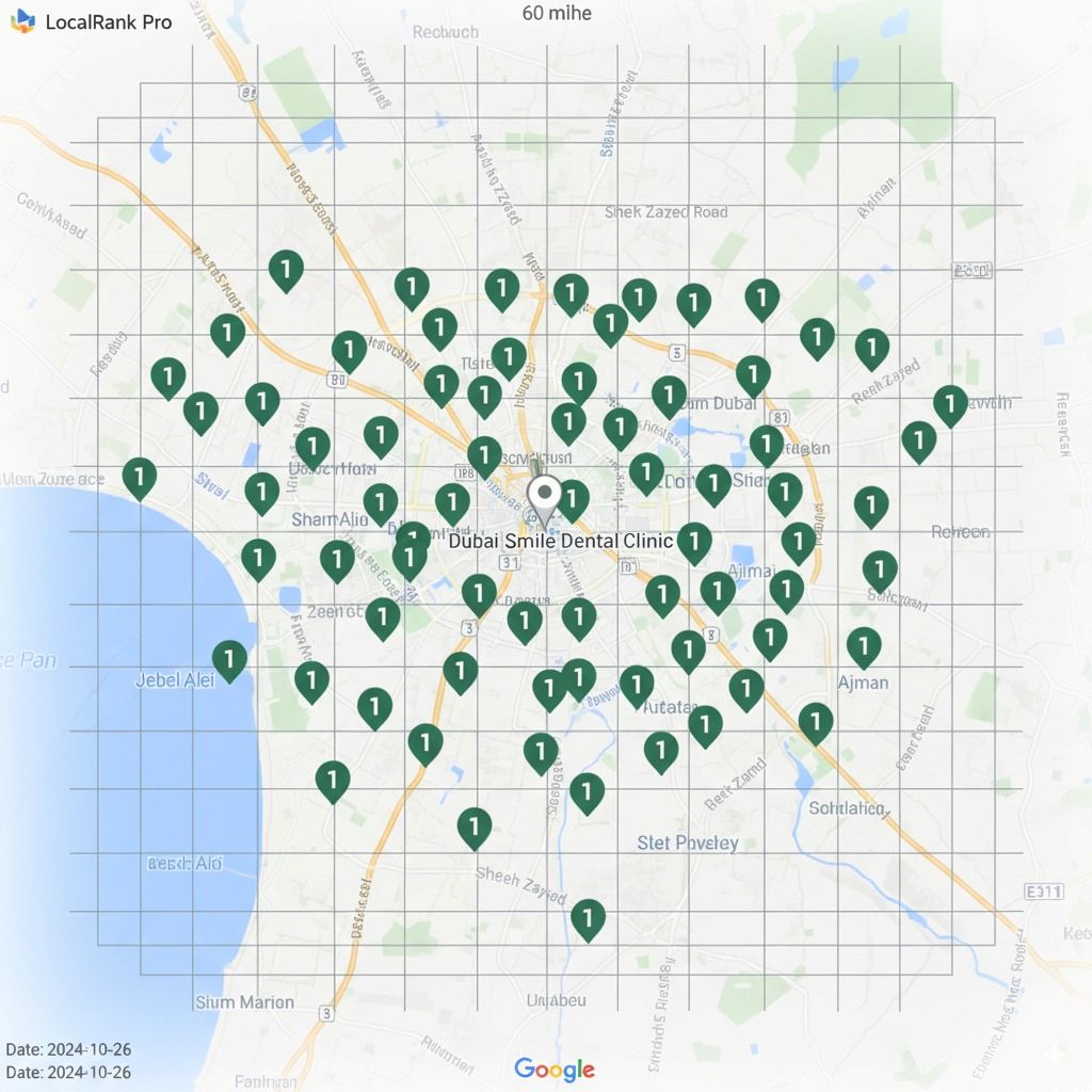 Google Maps local SEO ranking grid. Show a central business location 